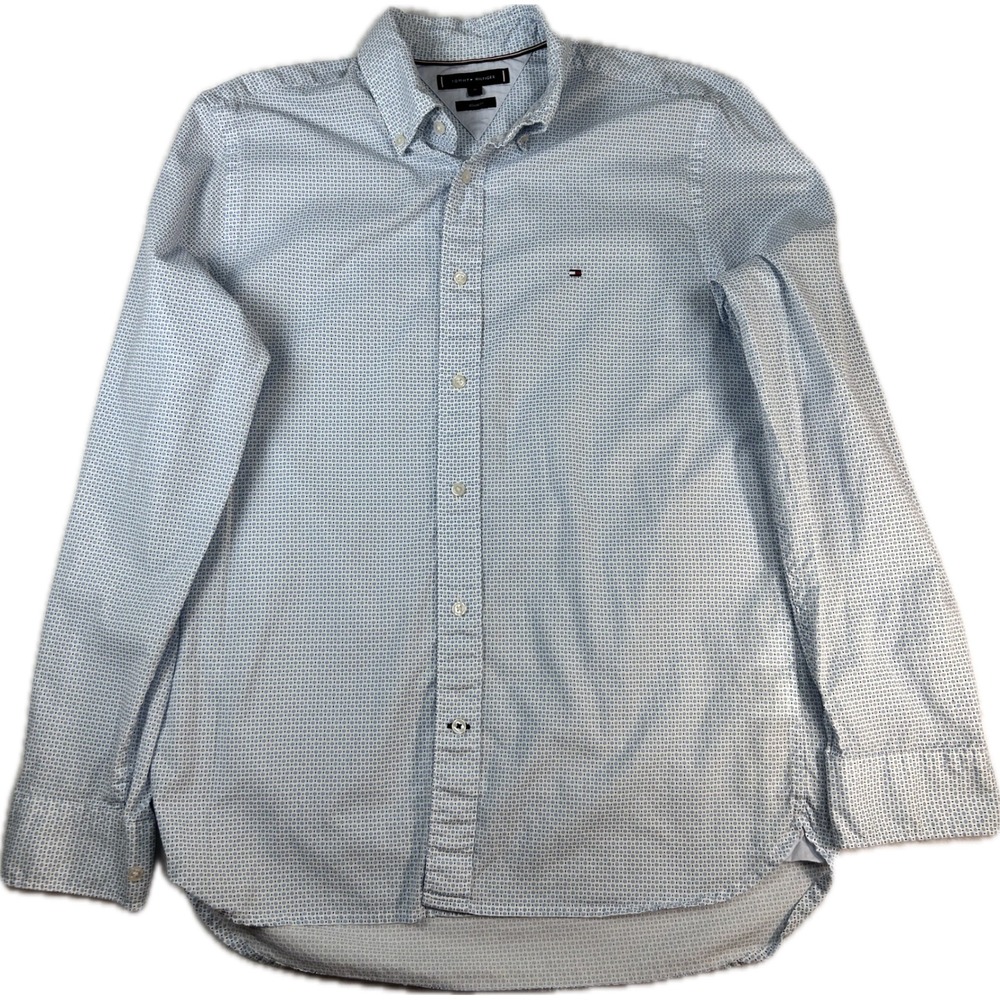 Tommy Hilfiger Mens Regular Fit Button Down Shirt Blue Geometric Print Size M - Picture 1 of 8